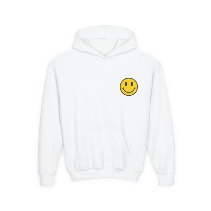 Youth Hoodie — Yellow Smiley Face Patch Kids Pullover